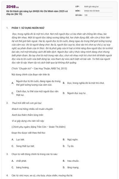 Đề thi Đánh giá năng lực ĐHQG Hồ Chí Minh năm 2025 có đáp án (Đề 10)