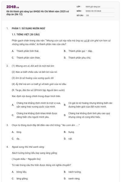 Đề thi Đánh giá năng lực ĐHQG Hồ Chí Minh năm 2025 có đáp án (Đề 12)