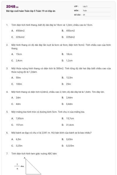 Bài tập cuối tuần Toán lớp 5 Tuần 19 có đáp án