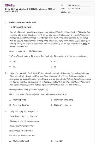Đề thi Đánh giá năng lực ĐHQG Hồ Chí Minh năm 2025 có đáp án (Đề 13)