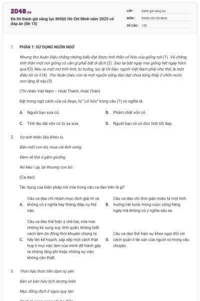 Đề thi Đánh giá năng lực ĐHQG Hồ Chí Minh năm 2025 có đáp án (Đề 15)