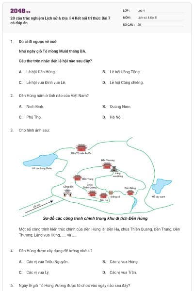 20 câu trắc nghiệm Lịch sử & Địa lí 4 Kết nối tri thức Bài 7 có đáp án