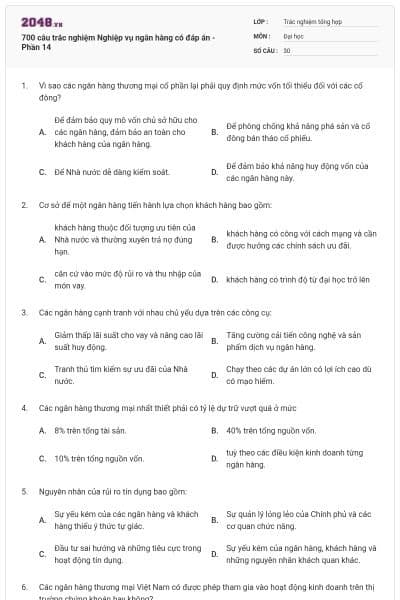 700 câu trắc nghiệm Nghiệp vụ ngân hàng có đáp án - Phần 14