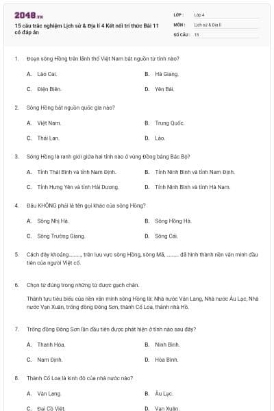 15 câu trắc nghiệm Lịch sử & Địa lí 4 Kết nối tri thức Bài 11 có đáp án
