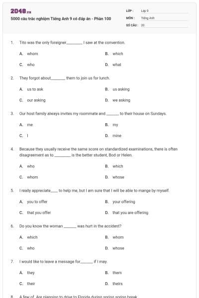 5000 câu trắc nghiệm Tiếng Anh 9 có đáp án - Phần 100