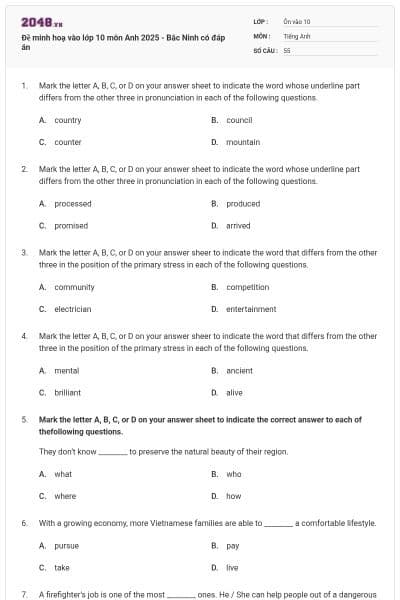Đề minh hoạ vào lớp 10 môn Anh 2025 - Bắc Ninh có đáp án