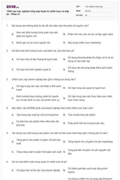 1000 câu trắc nghiệm tổng hợp Quản trị chiến lược có đáp án - Phần 31