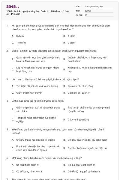 1000 câu trắc nghiệm tổng hợp Quản trị chiến lược có đáp án - Phần 36