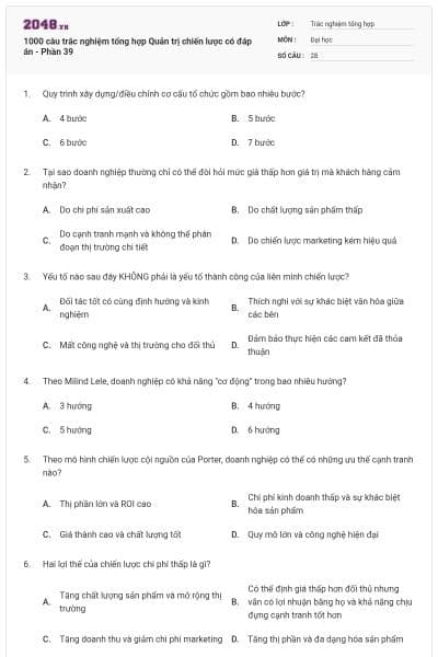 1000 câu trắc nghiệm tổng hợp Quản trị chiến lược có đáp án - Phần 39