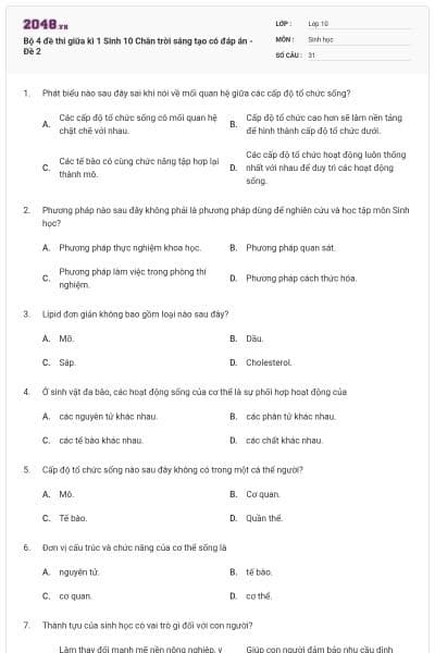 Bộ 4 đề thi giữa kì 1 Sinh 10 Chân trời sáng tạo có đáp án - Đề 2