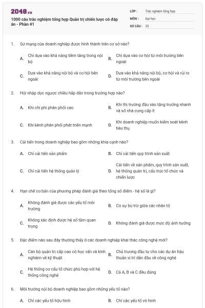 1000 câu trắc nghiệm tổng hợp Quản trị chiến lược có đáp án - Phần 41