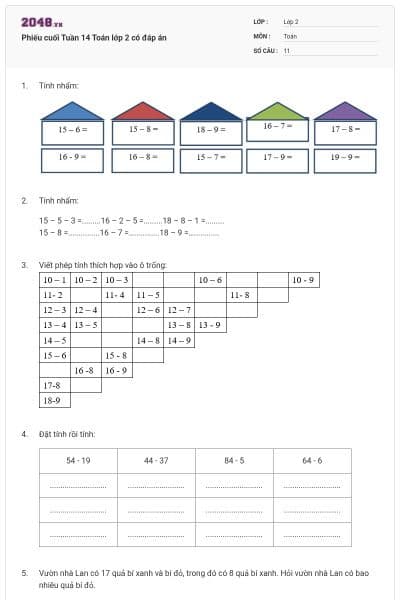 Phiếu cuối Tuần 14 Toán lớp 2 có đáp án