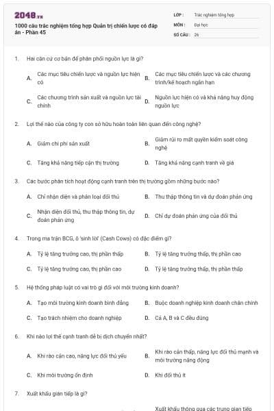 1000 câu trắc nghiệm tổng hợp Quản trị chiến lược có đáp án - Phần 45