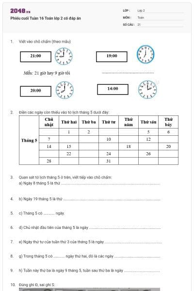 Phiếu cuối Tuần 16 Toán lớp 2 có đáp án
