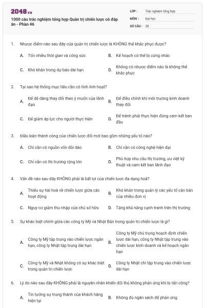 1000 câu trắc nghiệm tổng hợp Quản trị chiến lược có đáp án - Phần 46