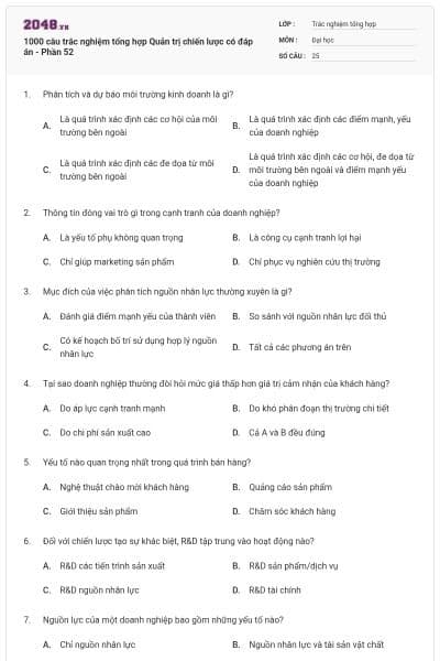 1000 câu trắc nghiệm tổng hợp Quản trị chiến lược có đáp án - Phần 52