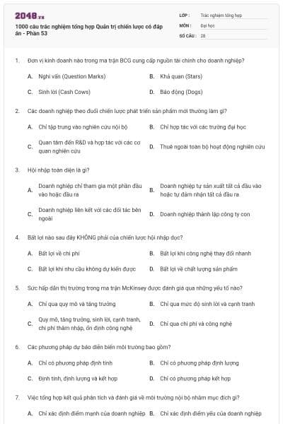 1000 câu trắc nghiệm tổng hợp Quản trị chiến lược có đáp án - Phần 53
