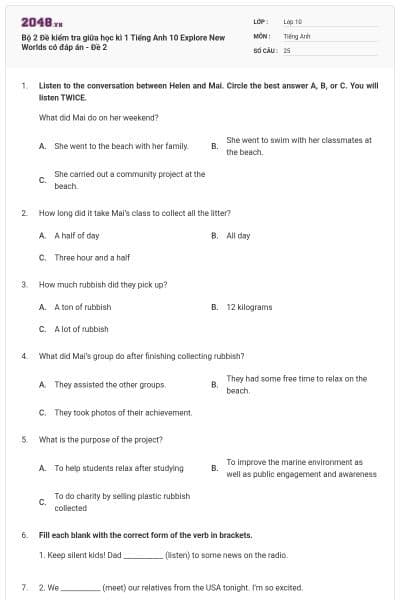 Bộ 2 Đề kiểm tra giữa học kì 1 Tiếng Anh 10 Explore New Worlds có đáp án - Đề 2