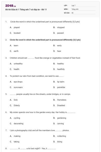 Đề thi Giữa kì 1 Tiếng anh 7 có đáp án - Đề 11