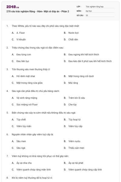 270 câu trắc nghiệm Răng - Hàm- Mặt có đáp án - Phần 2