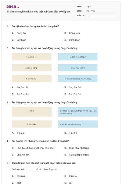 11 câu trắc nghiệm Làm việc thật vui Cánh diều có đáp án