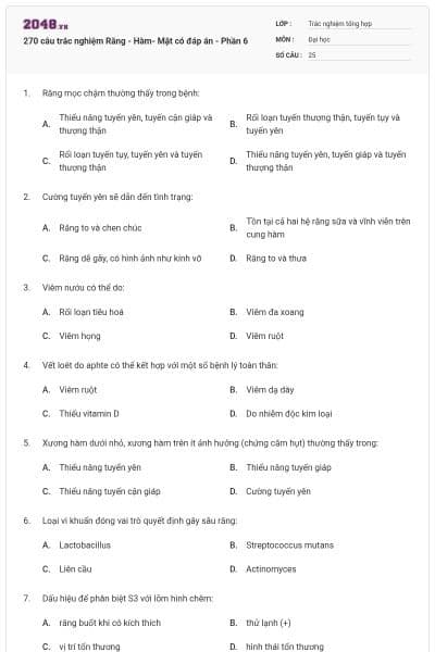 270 câu trắc nghiệm Răng - Hàm- Mặt có đáp án - Phần 6