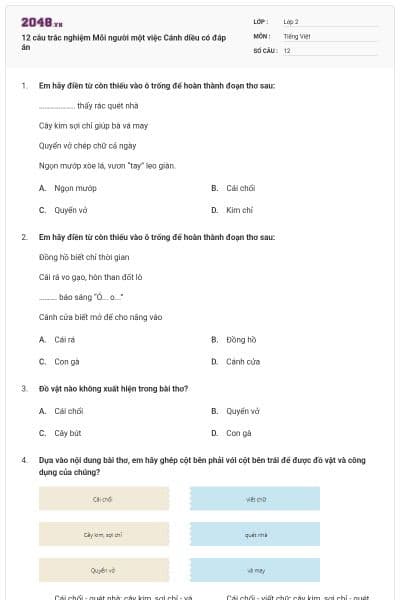 12 câu trắc nghiệm Mỗi người một việc Cánh diều có đáp án