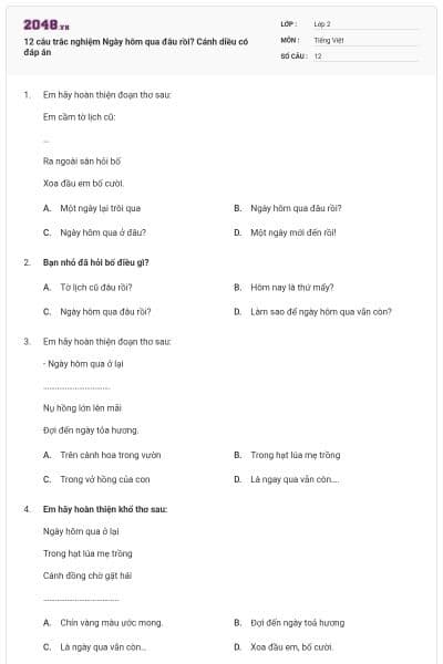 12 câu trắc nghiệm Ngày hôm qua đâu rồi? Cánh diều có đáp án
