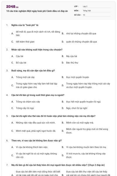 10 câu trắc nghiệm Một ngày hoài phí Cánh diều có đáp án