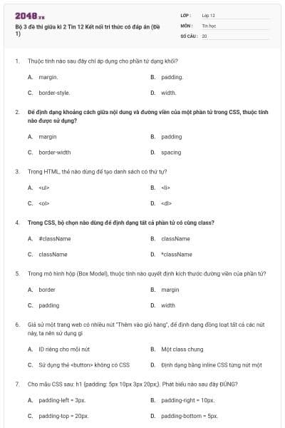 Bộ 3 đề thi giữa kì 2 Tin 12 Kết nối tri thức có đáp án (Đề 1)