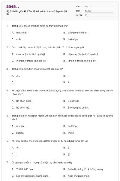 Bộ 3 đề thi giữa kì 2 Tin 12 Kết nối tri thức có đáp án (Đề 3)