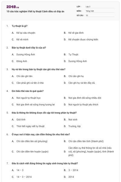 10 câu trắc nghiệm Viết tự thuật Cánh diều có đáp án
