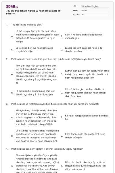 700 câu trắc nghiệm Nghiệp vụ ngân hàng có đáp án - Phần 16