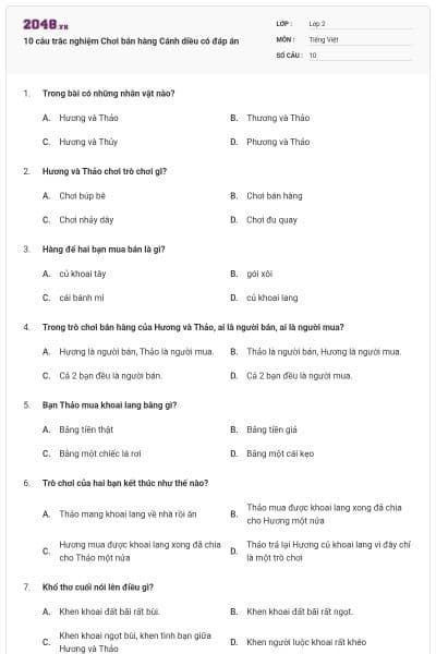 10 câu trắc nghiệm Chơi bán hàng Cánh diều có đáp án