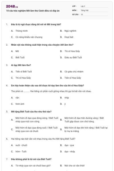 10 câu trắc nghiệm Mít làm thơ Cánh diều có đáp án