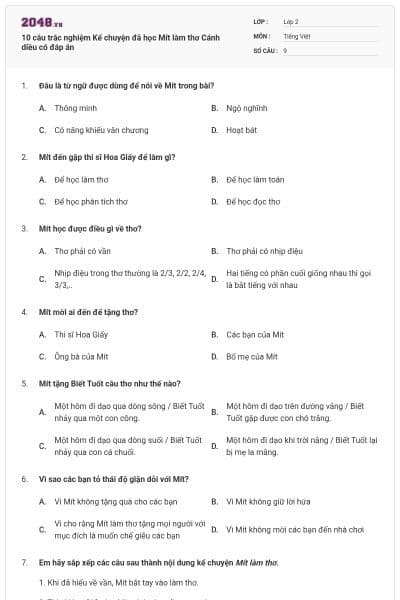 10 câu trắc nghiệm Kể chuyện đã học Mít làm thơ Cánh diều có đáp án