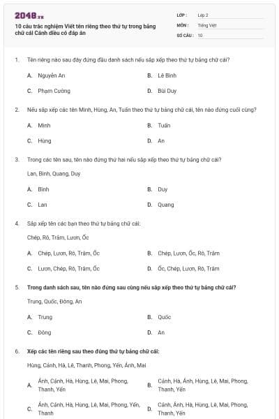 10 câu trắc nghiệm Viết tên riêng theo thứ tự trong bảng chữ cái Cánh diều có đáp án