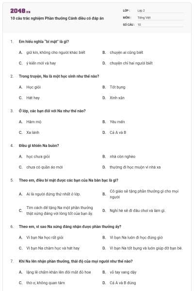 10 câu trắc nghiệm Phần thưởng Cánh diều có đáp án