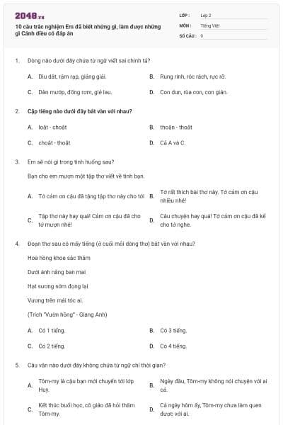 10 câu trắc nghiệm Em đã biết những gì, làm được những gì Cánh diều có đáp án