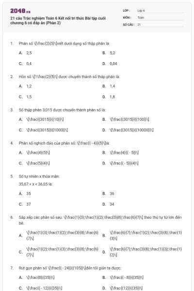 21 câu Trắc nghiệm Toán 6 Kết nối tri thức Bài tập cuối chương 6 có đáp án (Phần 2)