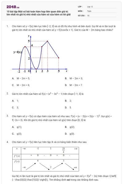 10 bài tập Một số bài toán hàm hợp liên quan đến giá trị lớn nhất và giá trị nhỏ nhất của hàm số của hàm có lời giải