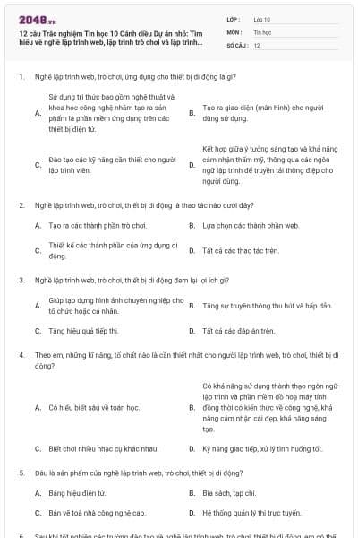 12 câu Trắc nghiệm Tin học 10 Cánh diều Dự án nhỏ: Tìm hiểu về nghề lập trình web, lập trình trò chơi và lập trình cho thiết bị di động có đáp án