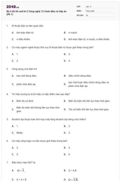 Bộ 4 đề thi cuối kì 2 Công nghệ 12 Cánh diều có đáp án (Đề 1)