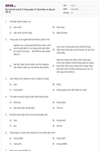 Bộ 4 đề thi cuối kì 2 Công nghệ 12 Cánh diều có đáp án (Đề 2)