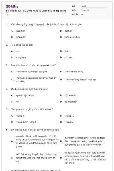 Bộ 4 đề thi cuối kì 2 Công nghệ 12 Cánh diều có đáp án(Đề 3)