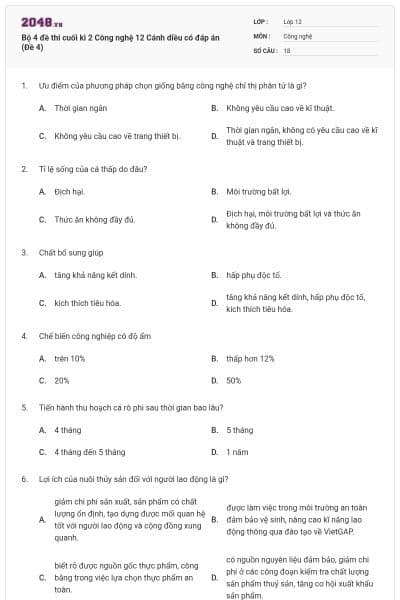 Bộ 4 đề thi cuối kì 2 Công nghệ 12 Cánh diều có đáp án (Đề 4)