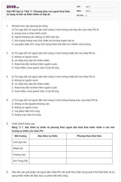 Giải VBT Địa Lý 7 Bài 11. Phương thức con người khai thác, sử dụng và bảo vệ thiên nhiên có đáp án