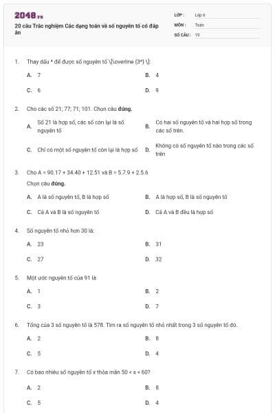 20 câu Trắc nghiệm Các dạng toán về số nguyên tố có đáp án