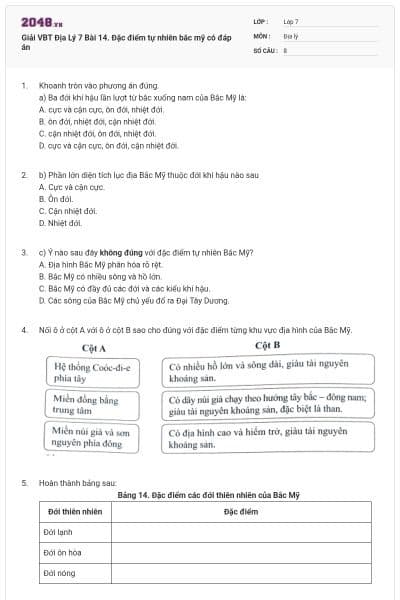 Giải VBT Địa Lý 7 Bài 14. Đặc điểm tự nhiên bắc mỹ có đáp án