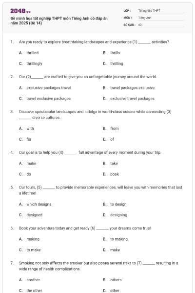 Đề minh họa tốt nghiệp THPT môn Tiếng Anh có đáp án năm 2025 (Đề 14)
